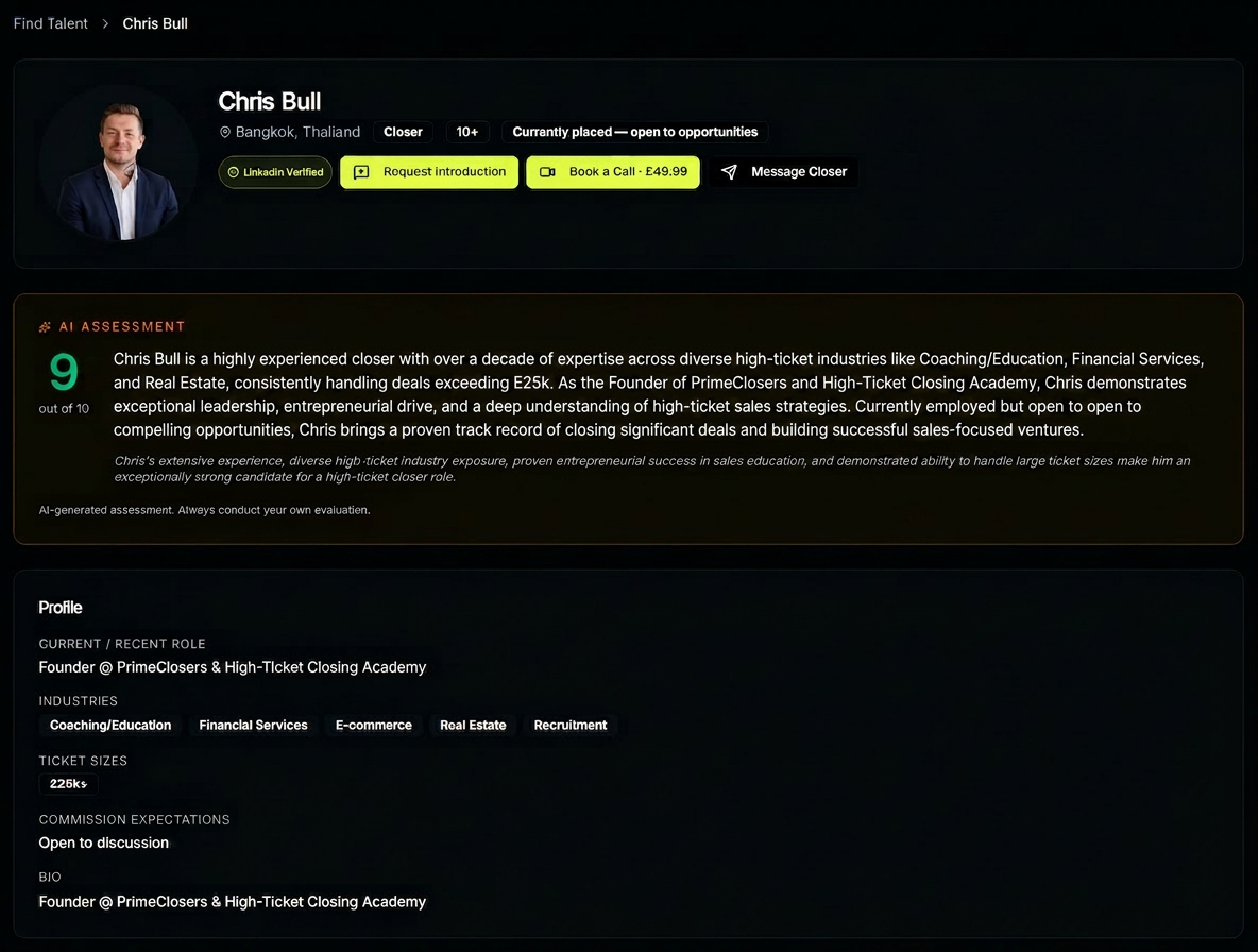 PrimeClosers talent profile preview — Chris Bull