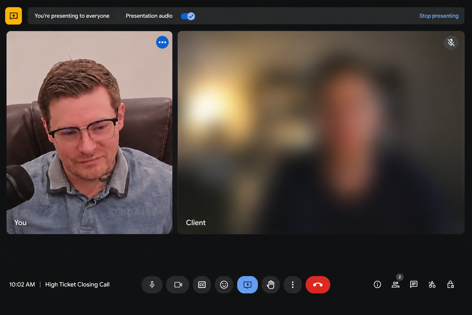 A live high-ticket closing call between Chris and a client on a video conference.